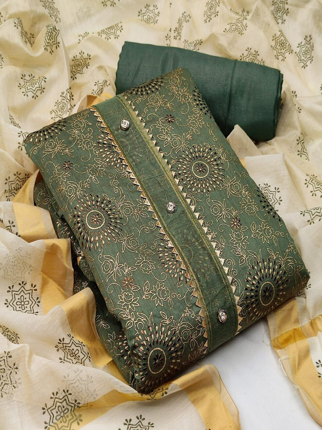 

APNISHA Foil Printed Gotta Patti Unstitched Dress Material, Green