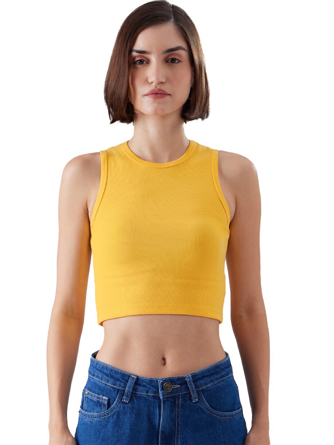 

The Souled Store Solid Pure Cotton Crop Tank Top, Yellow