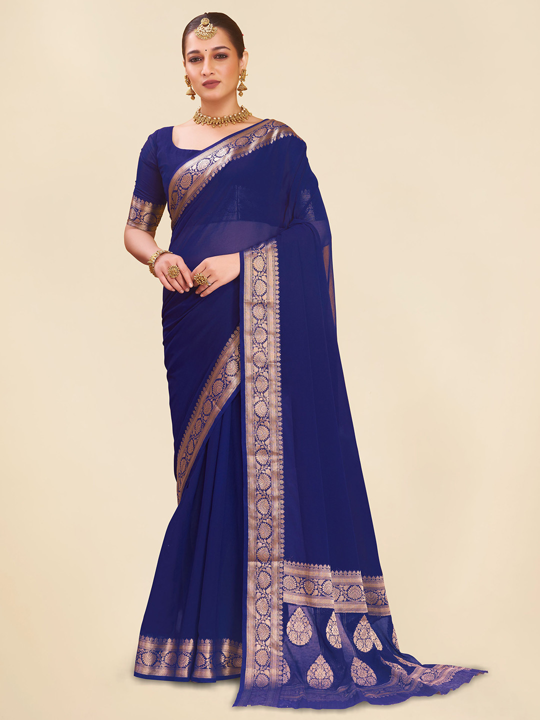 

FLOURIOUS Ethnic Motifs Woven Design Zari Pure Georgette Banarasi Saree, Navy blue