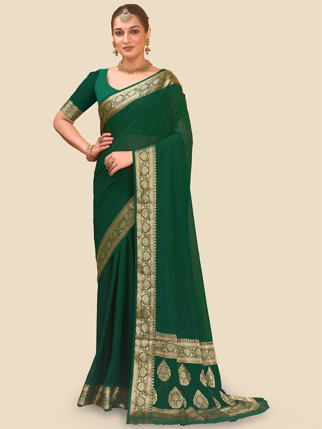

FLOURIOUS Ethnic Motifs Woven Design Zari Pure Georgette Banarasi Saree, Green