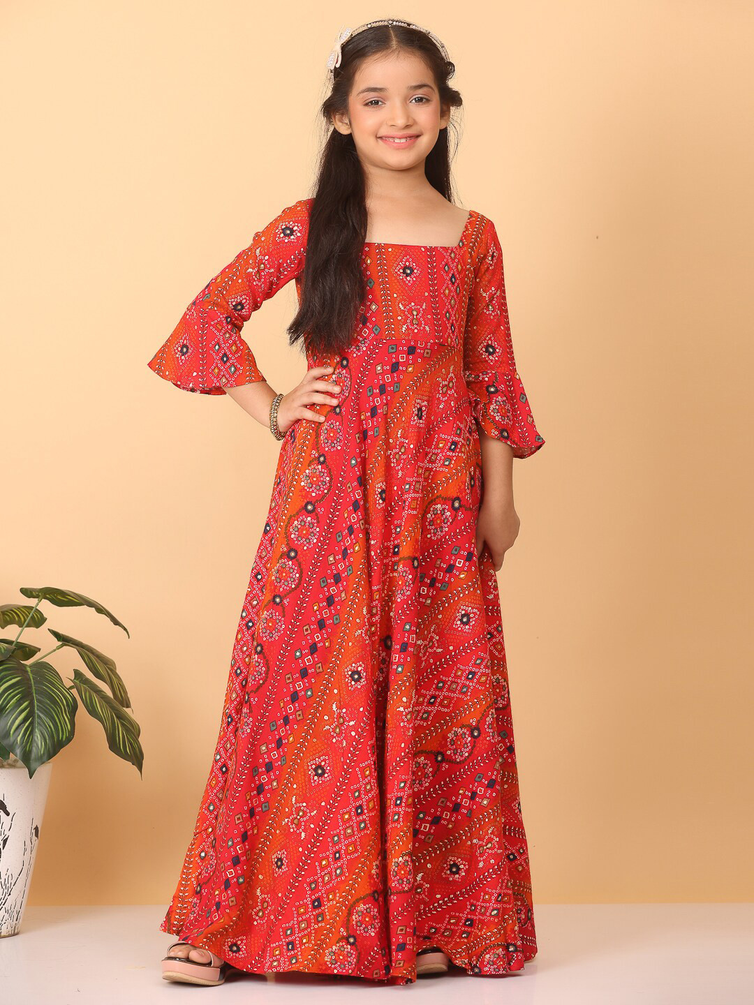 

Ethnovog Girls Ethnic Motifs Printed Square Neck Bell Sleeves Ethnic Maxi Dress, Red