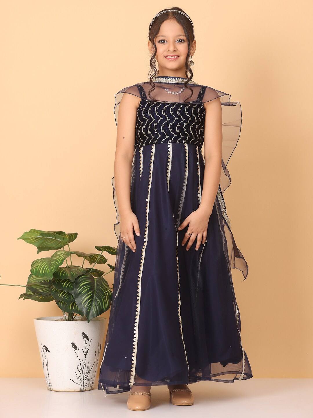 

Ethnovog Girls Embellished Shoulder Straps Net Maxi Dress, Navy blue