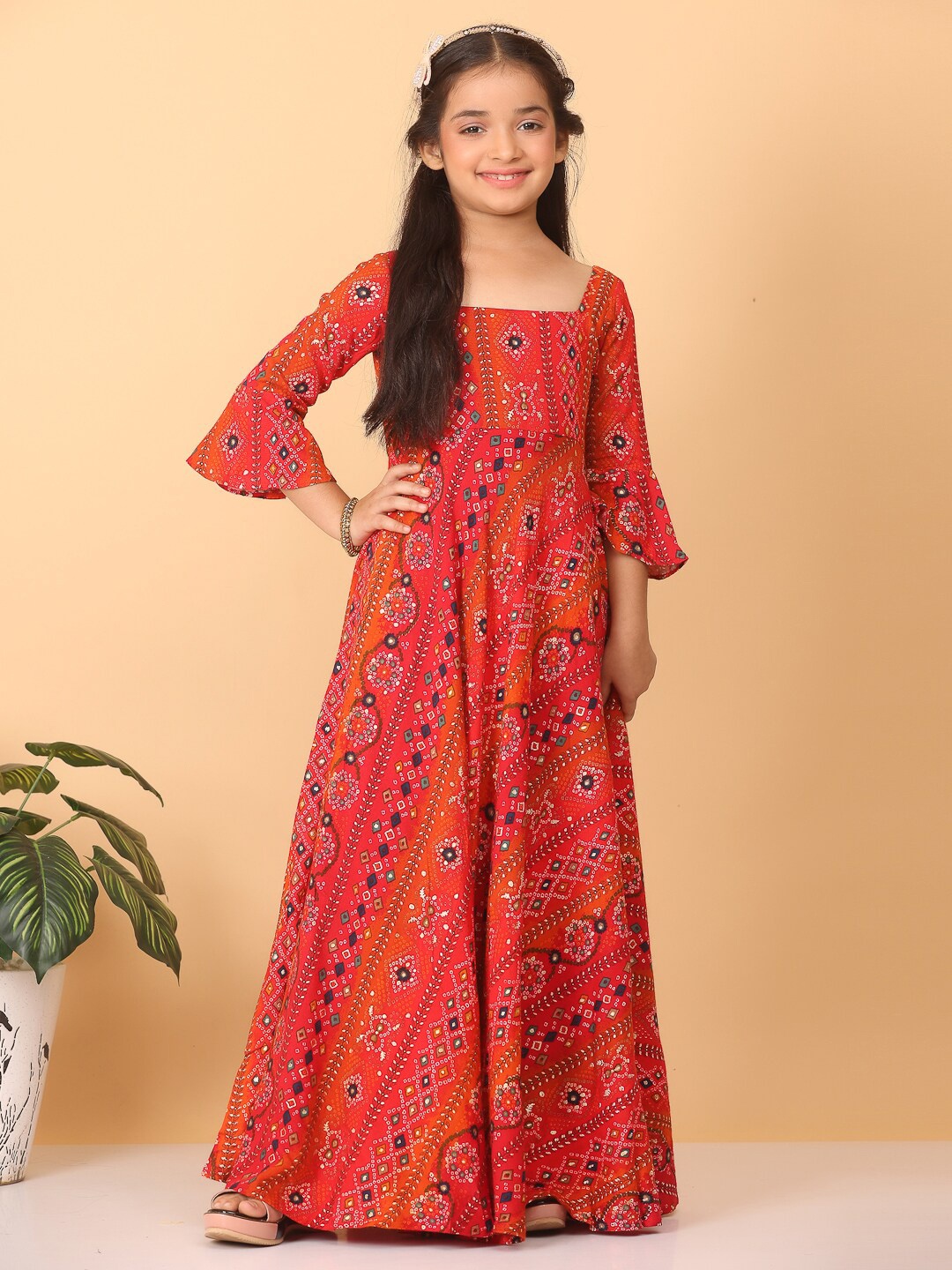 

Ethnovog Ethnic Motifs Printed Square Neck Bell Sleeves Maxi Ethnic Dress, Red