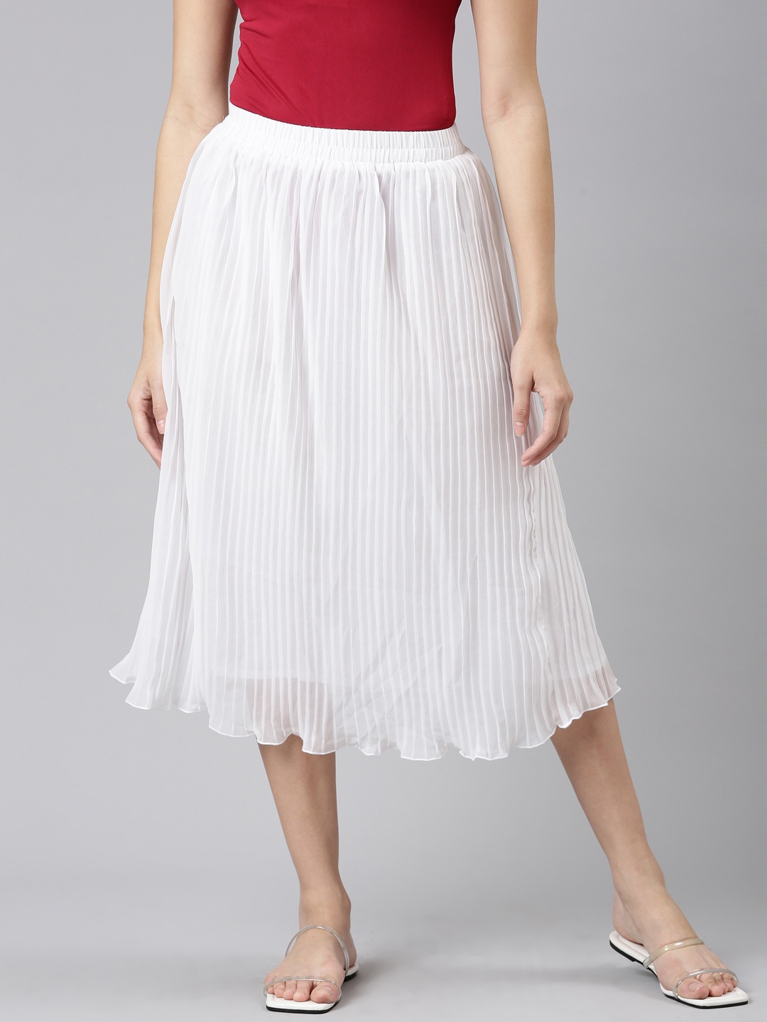 

TWIN BIRDS Pleated Flared Midi Skirt, White