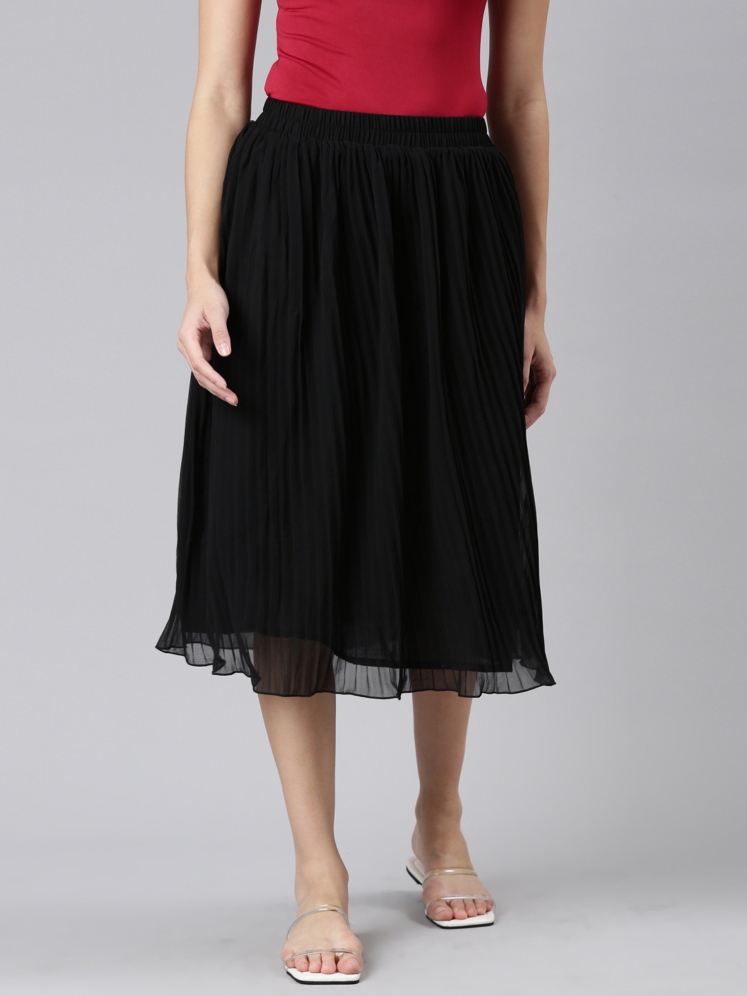 

TWIN BIRDS Pleated Flared Midi Skirt, Black