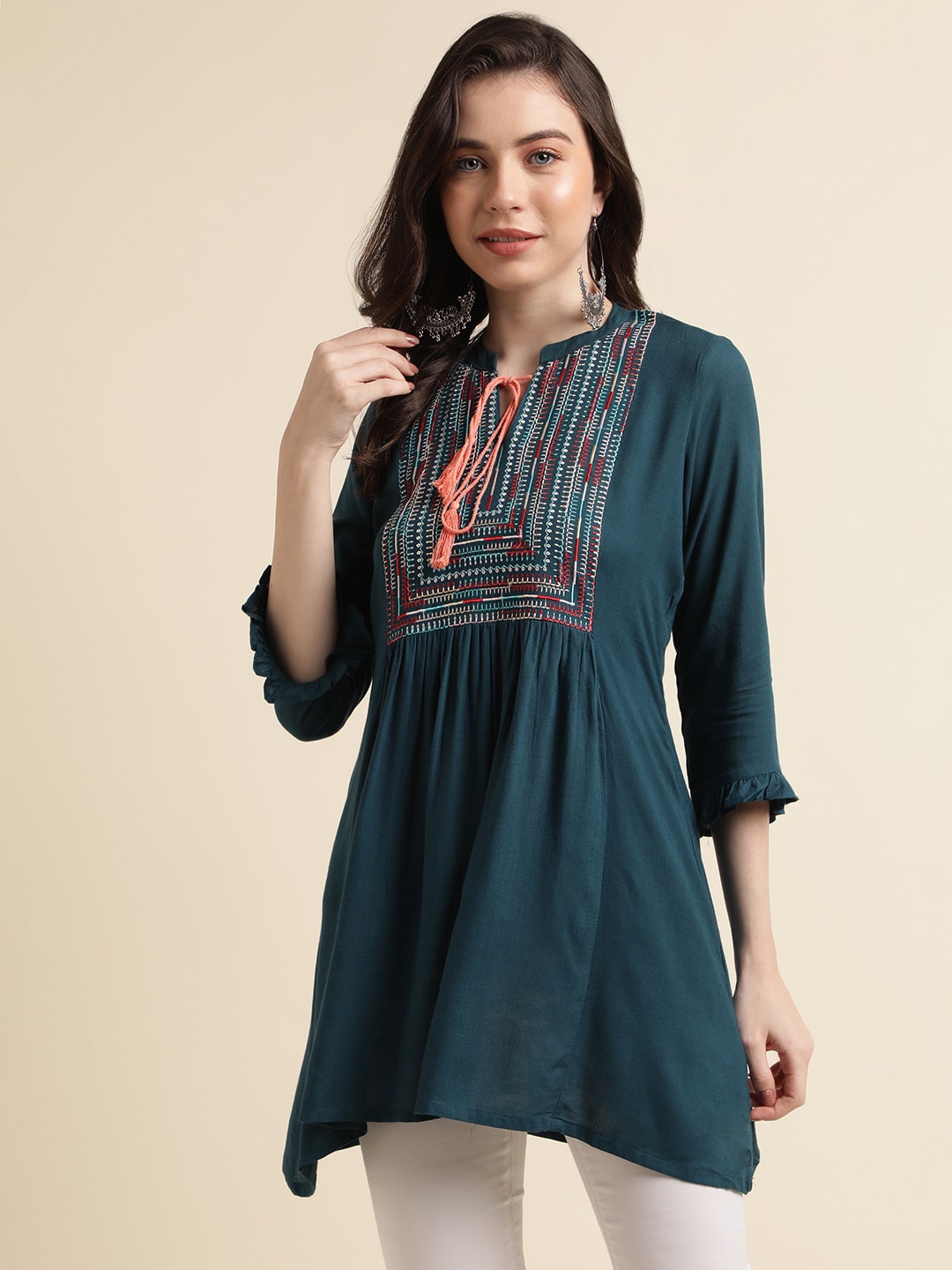 

all about you Embroidered Mandarin Collar Longline Top, Teal