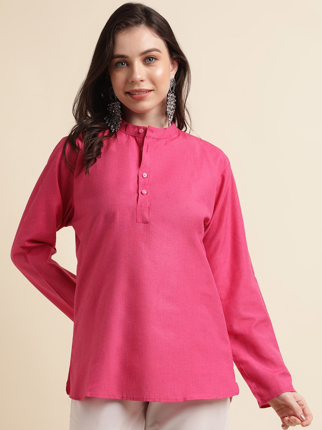 

all about you Mandarin Collar Cotton Straight Short Kurta, Pink