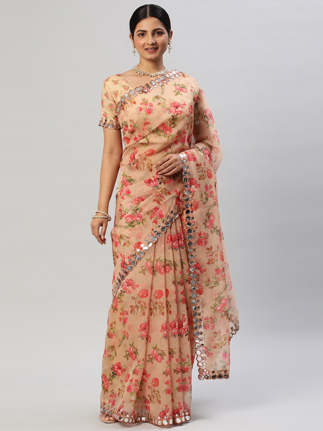 

kasee Floral Printed Mirror Work Organza Saree, Beige