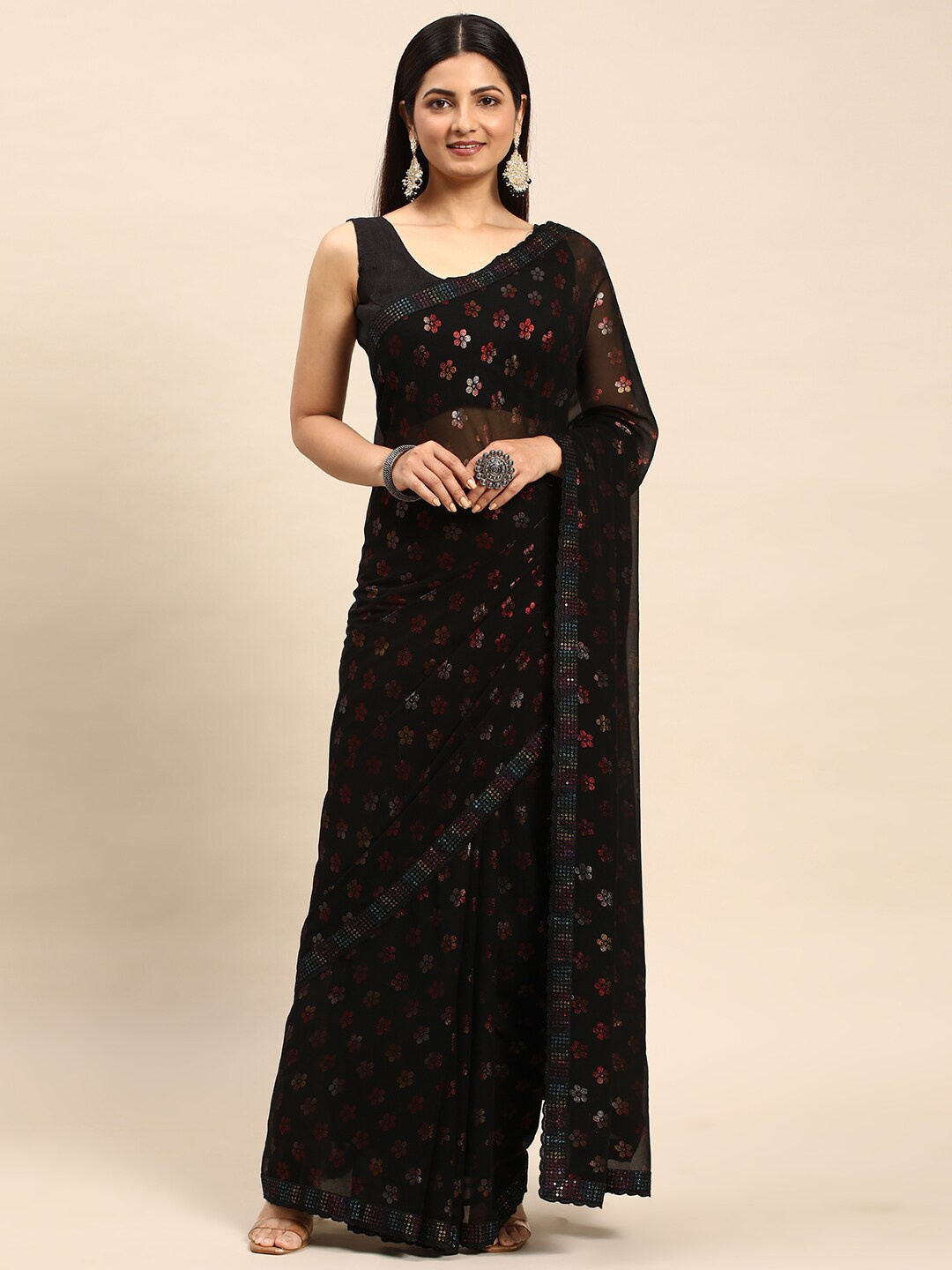 

kasee Floral Printed Sequinned Saree, Black