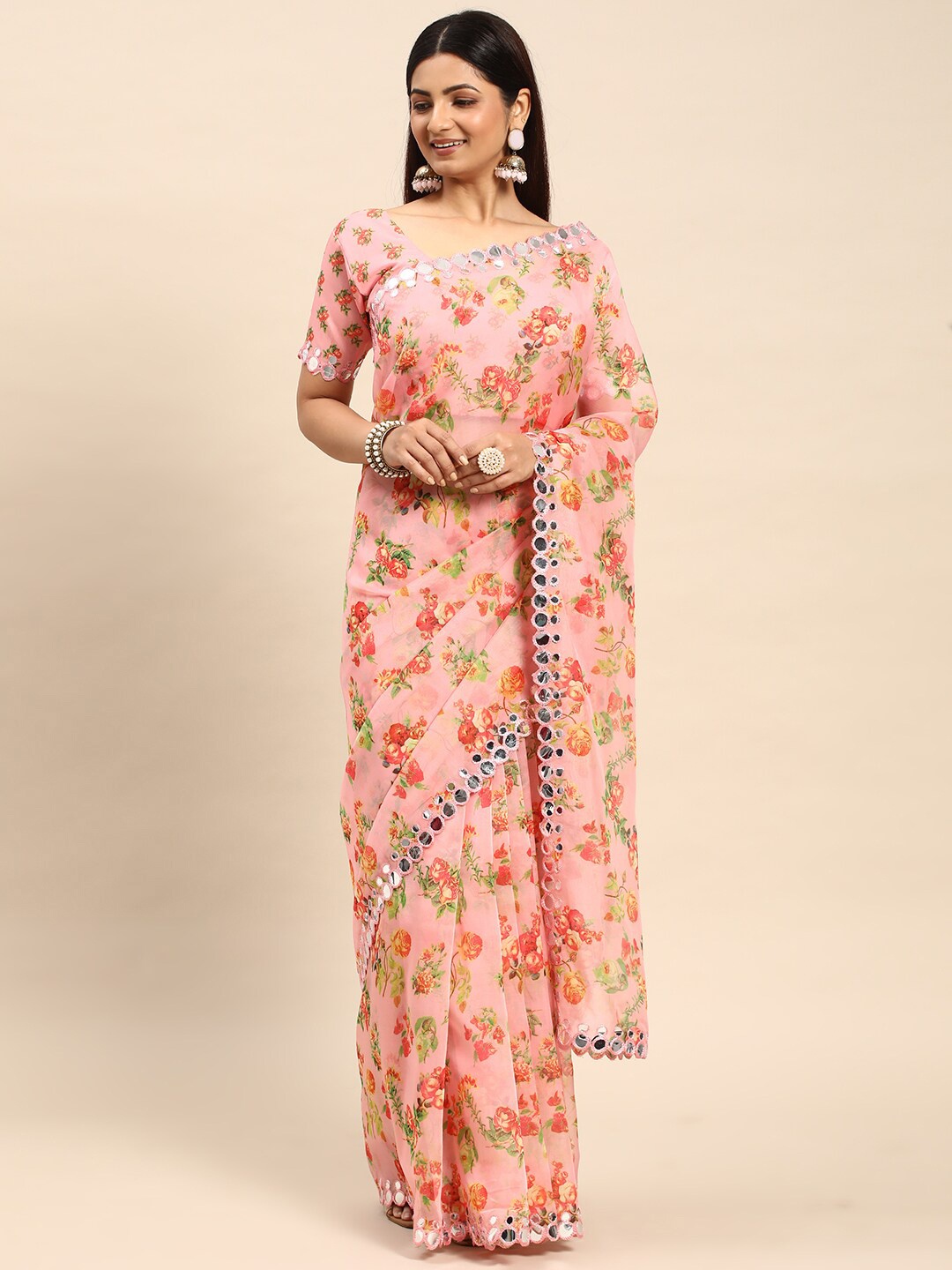 

kasee Floral Printed Mirror Work Organza Saree, Pink