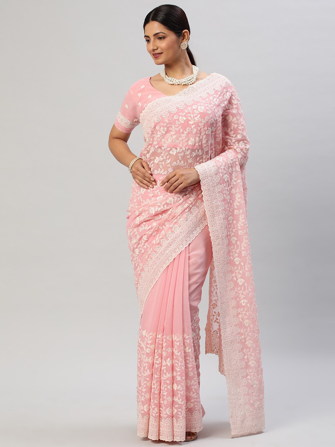 

kasee Floral Embroidered Pure Chiffon Saree, Pink
