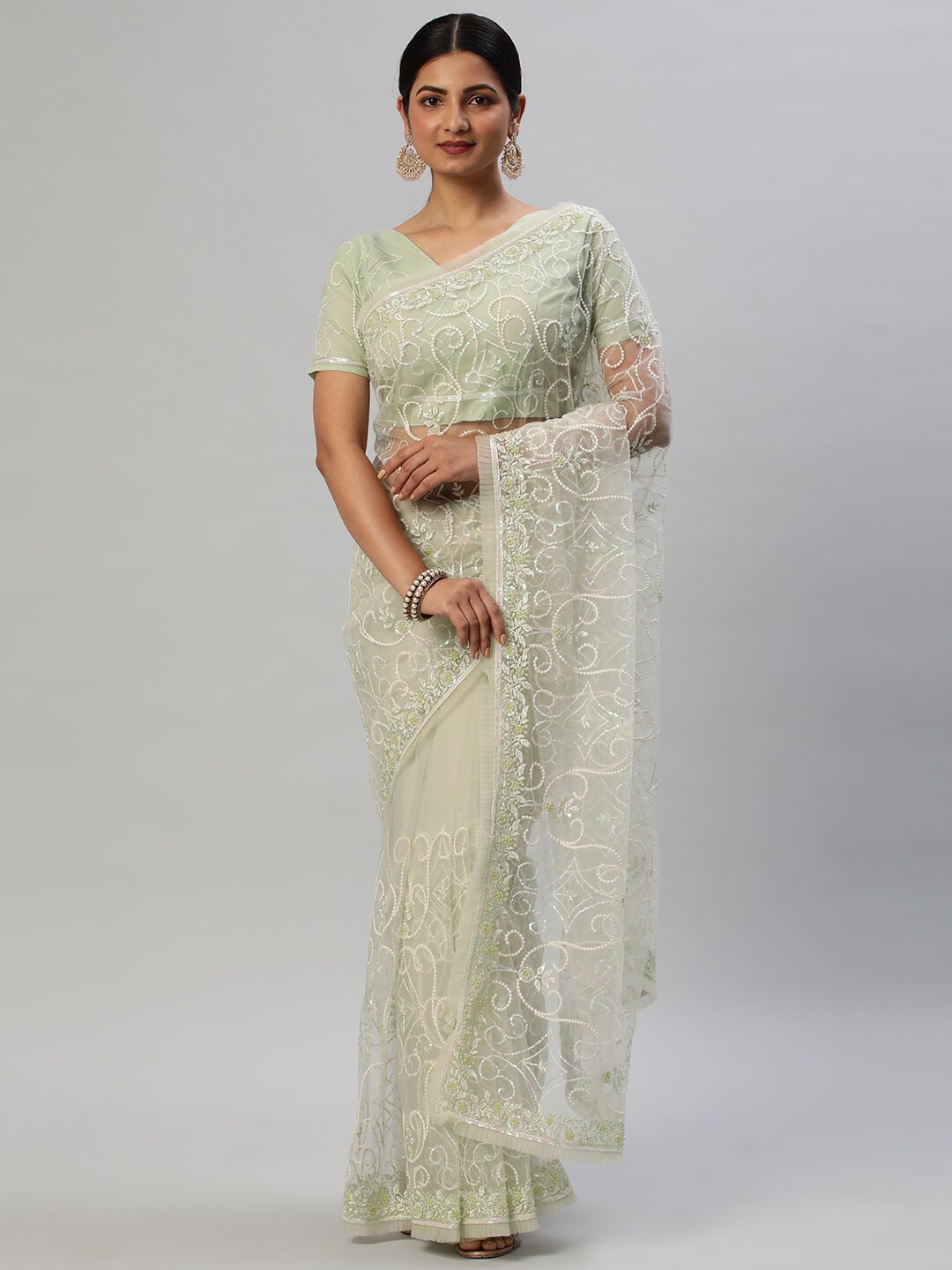 

kasee Floral Embroidered Sequinned Net Saree, Green