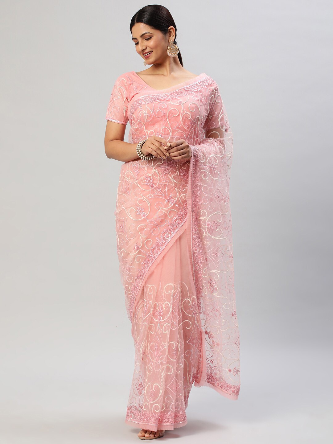 

kasee Floral Embroidered Sequinned Net Saree, Pink