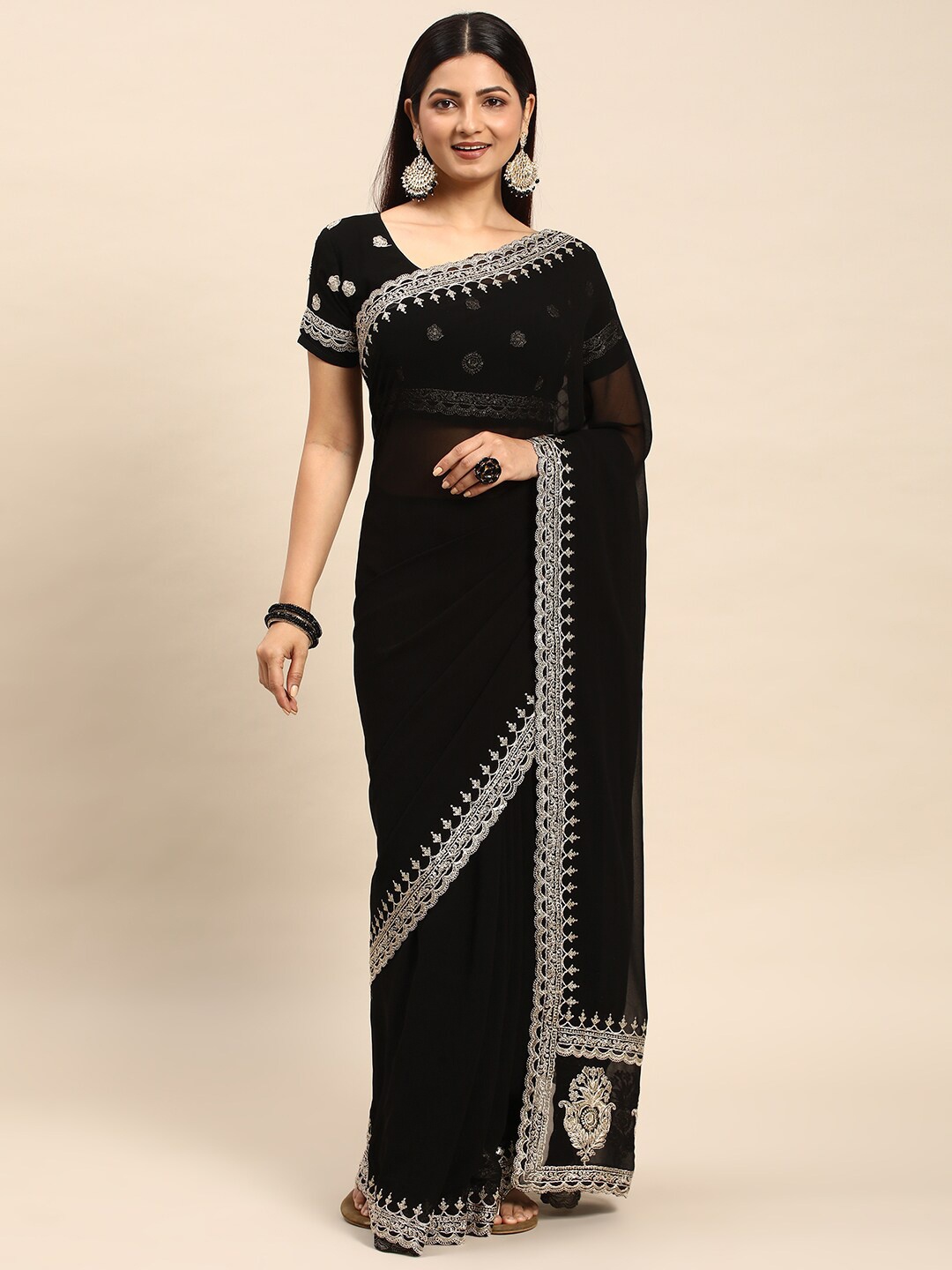 

kasee Embroidered Border Saree, Black