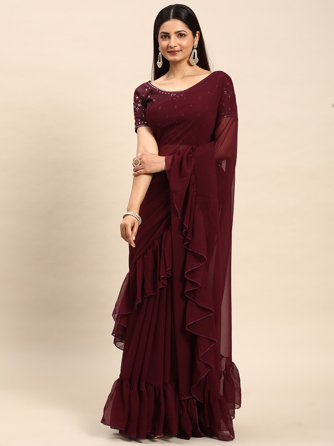 

kasee Ruffles Detail Saree, Burgundy
