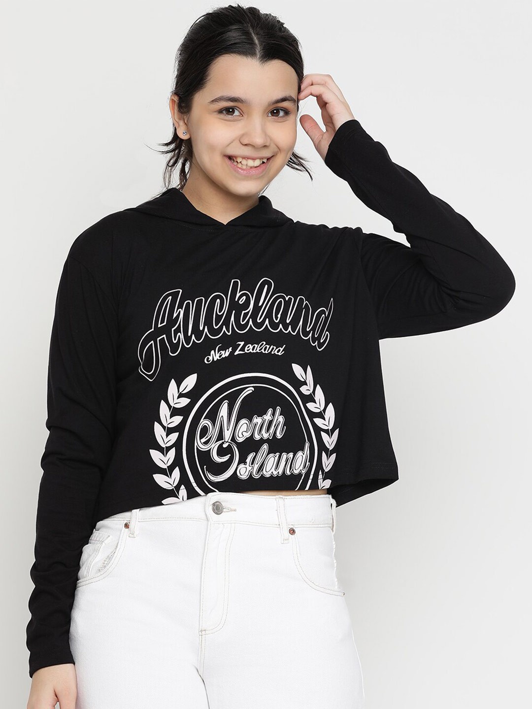 

Lil Tomatoes Girls Typography Printed Hooded Crop T-Shirt, Black