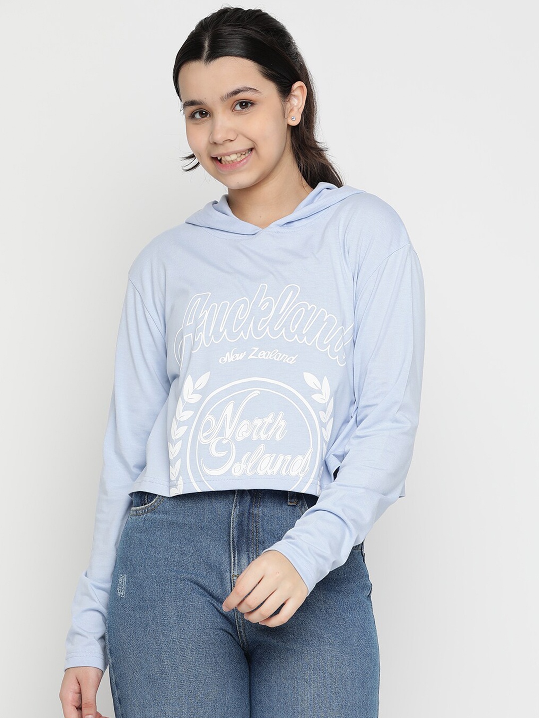 

Lil Tomatoes Girls Typography Printed Hooded Crop T-Shirt, Blue