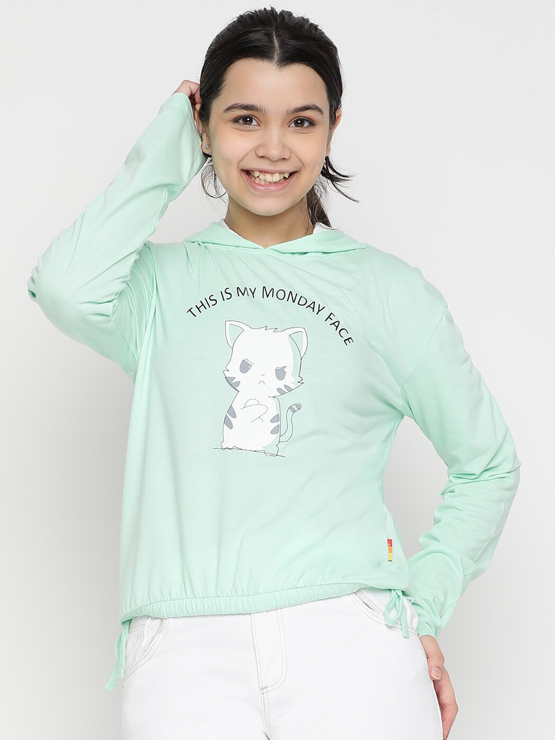 

Lil Tomatoes Girls Graphic Printed Hooded Crop T-Shirt, Green