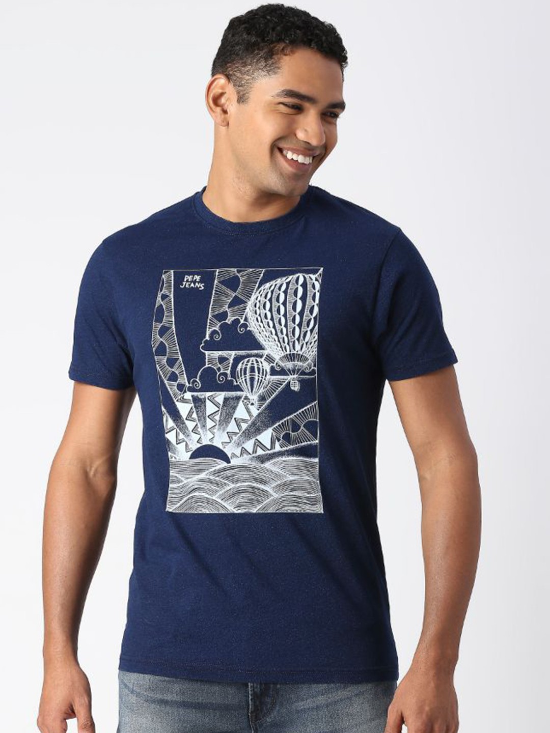 

Pepe Jeans Men Blue Printed Raw Edge Slim Fit T-shirt