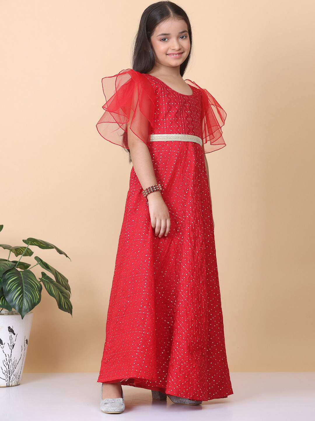 

Ethnovog Girls Geometric Embroidered Flutter Sleeves Sequinned Ethnic Maxi Dress, Red