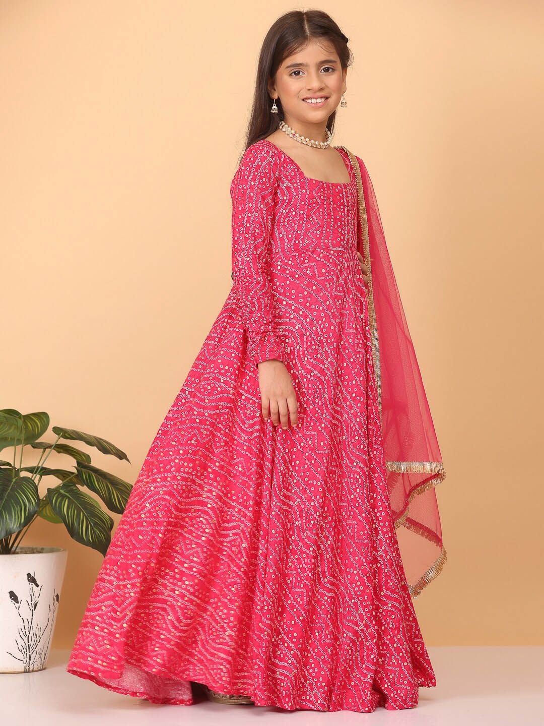

Ethnovog Girls Bandhani Printed Fit and Flare Ethnic Dress With Dupatta, Pink