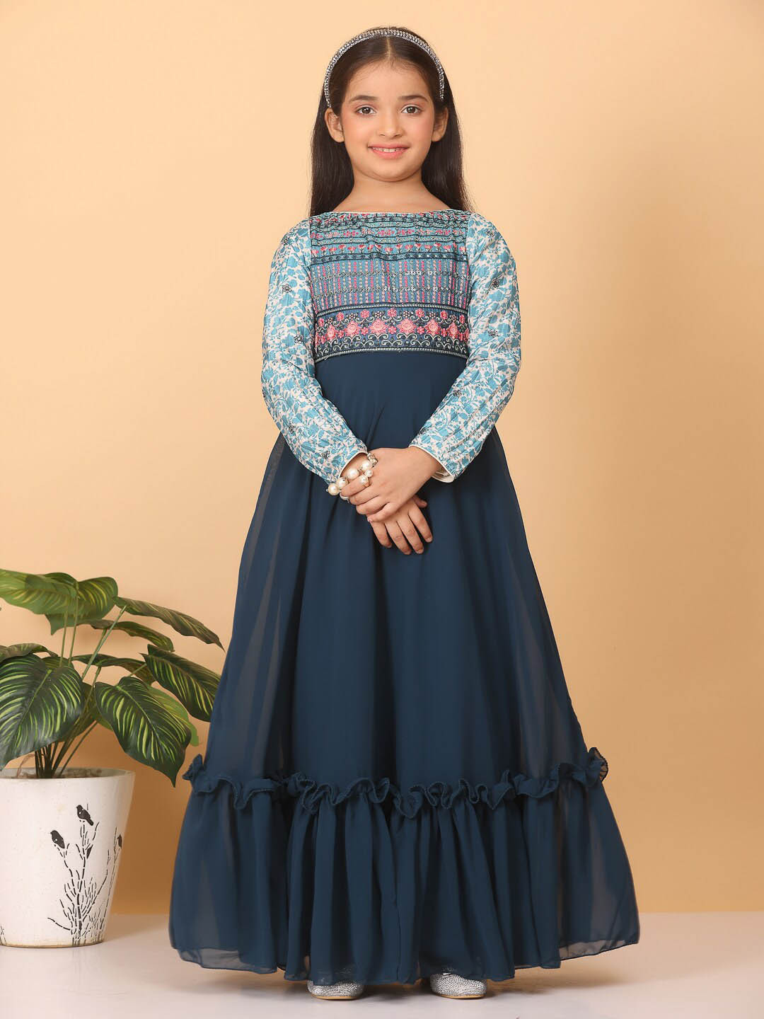 

Ethnovog Embroidered Georgette Fit & Flare Maxi Dress, Blue