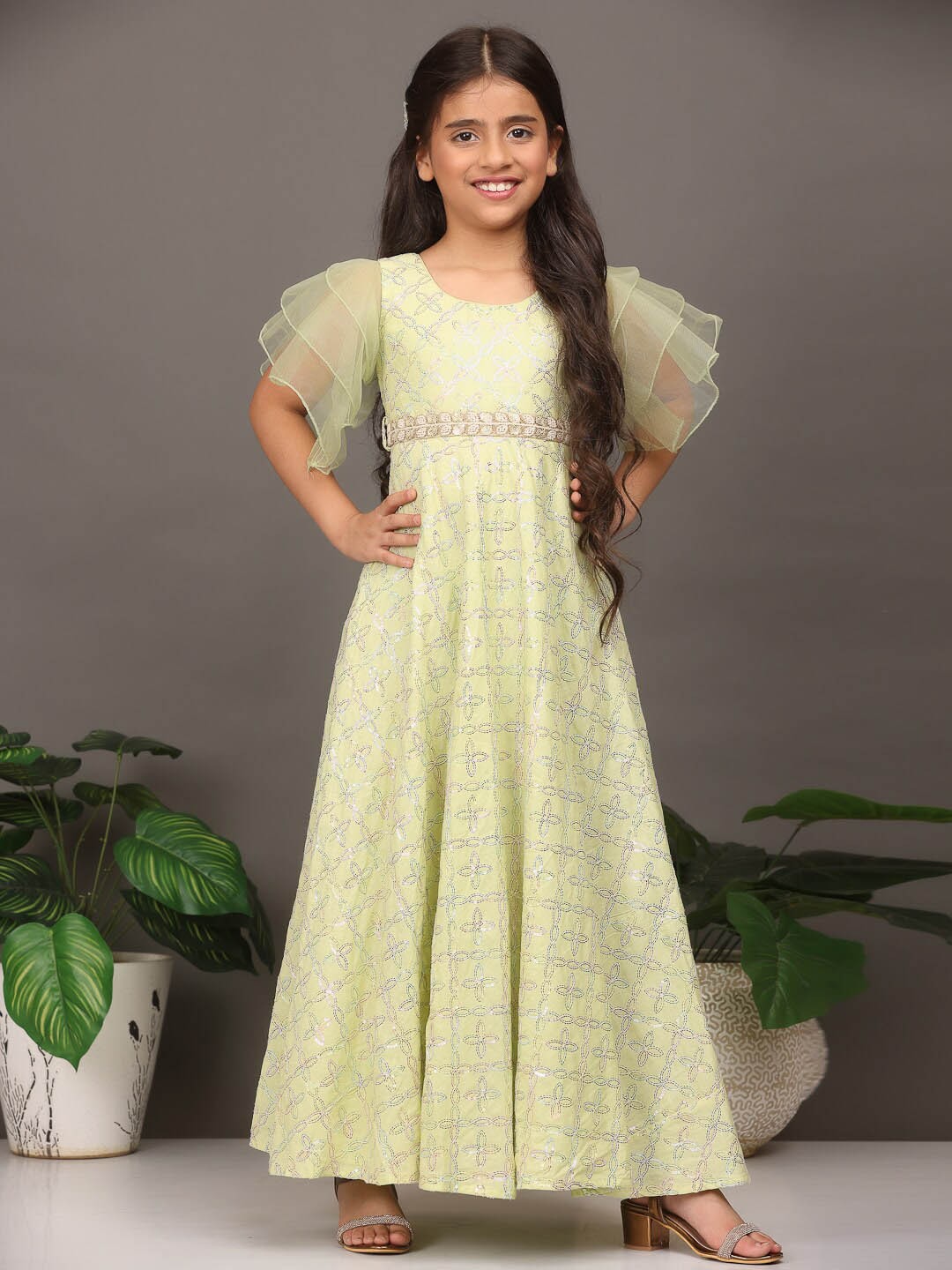 

Ethnovog Girls Sequinned Flutter Sleeve Maxi Dress, Green