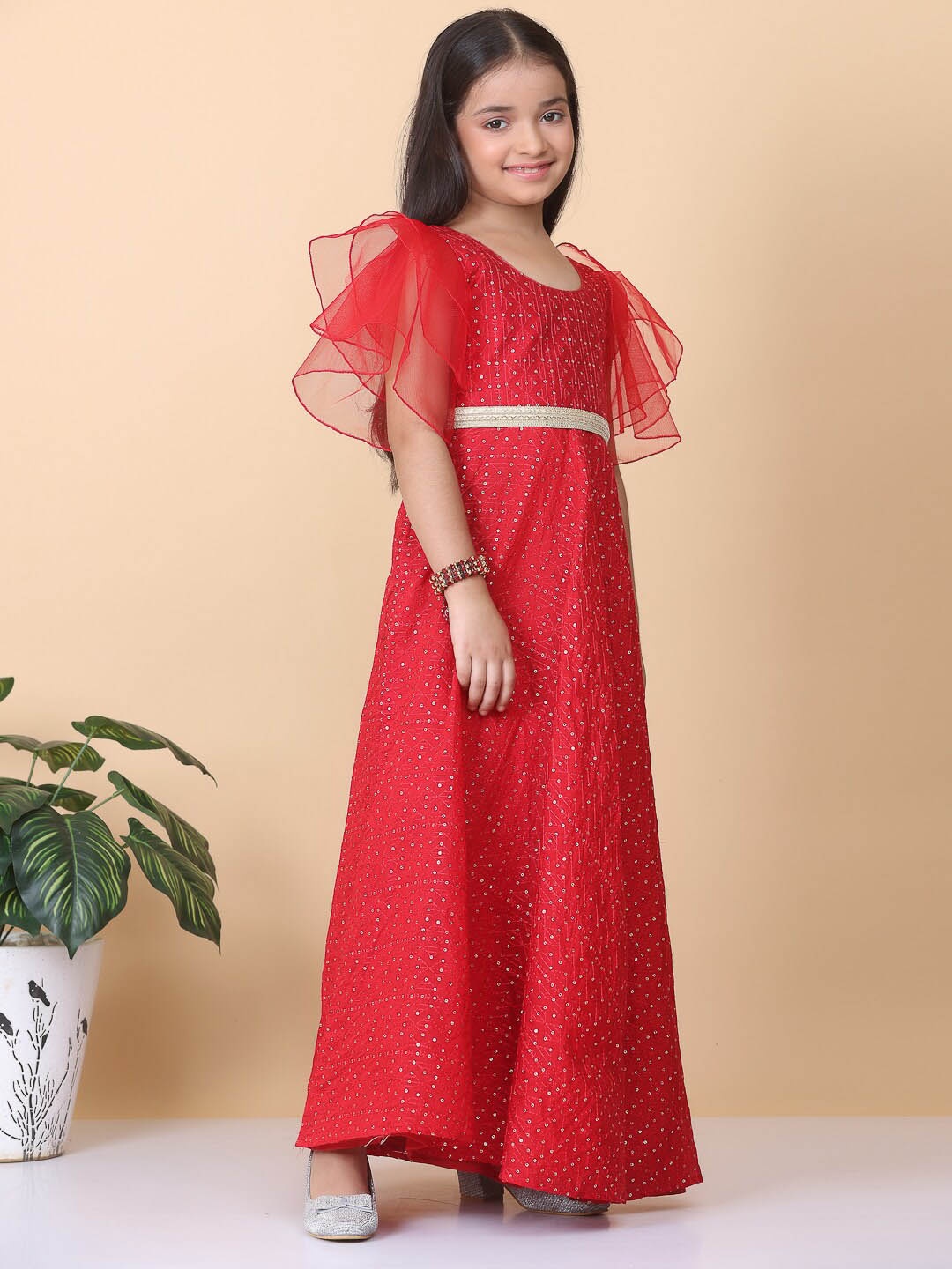 

Ethnovog Girls Embellished Flared Sleeve Georgette Maxi Dress, Red