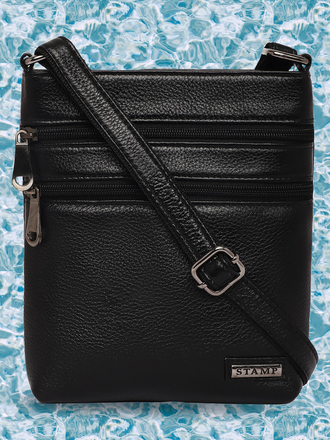 

Stamp Textured Leather Bucket Sling Bag With Buckle Detail, Black