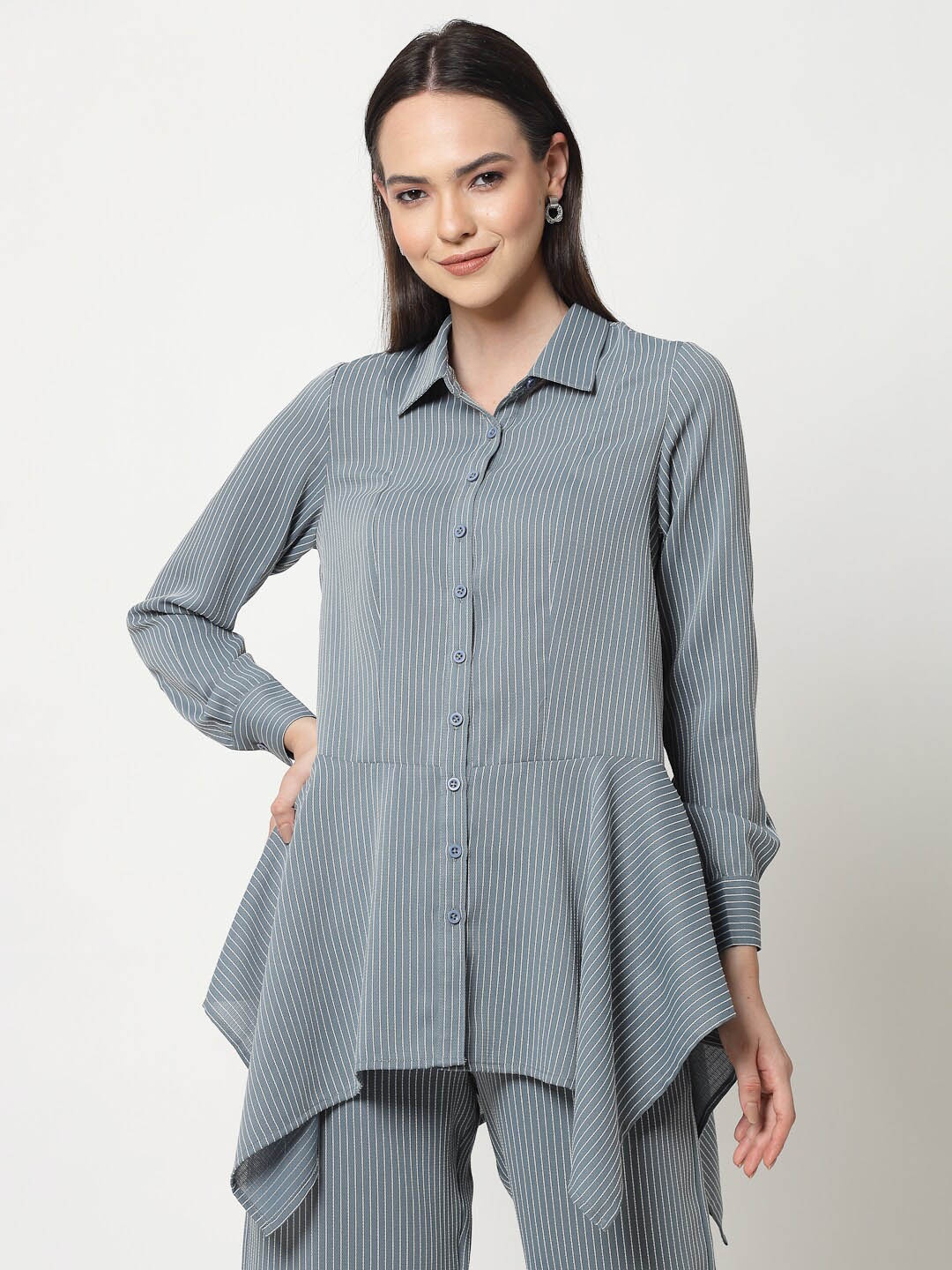 

OFFICE & YOU Women Boxy Striped Cotton Asymmetrical Casual Shirt, Blue