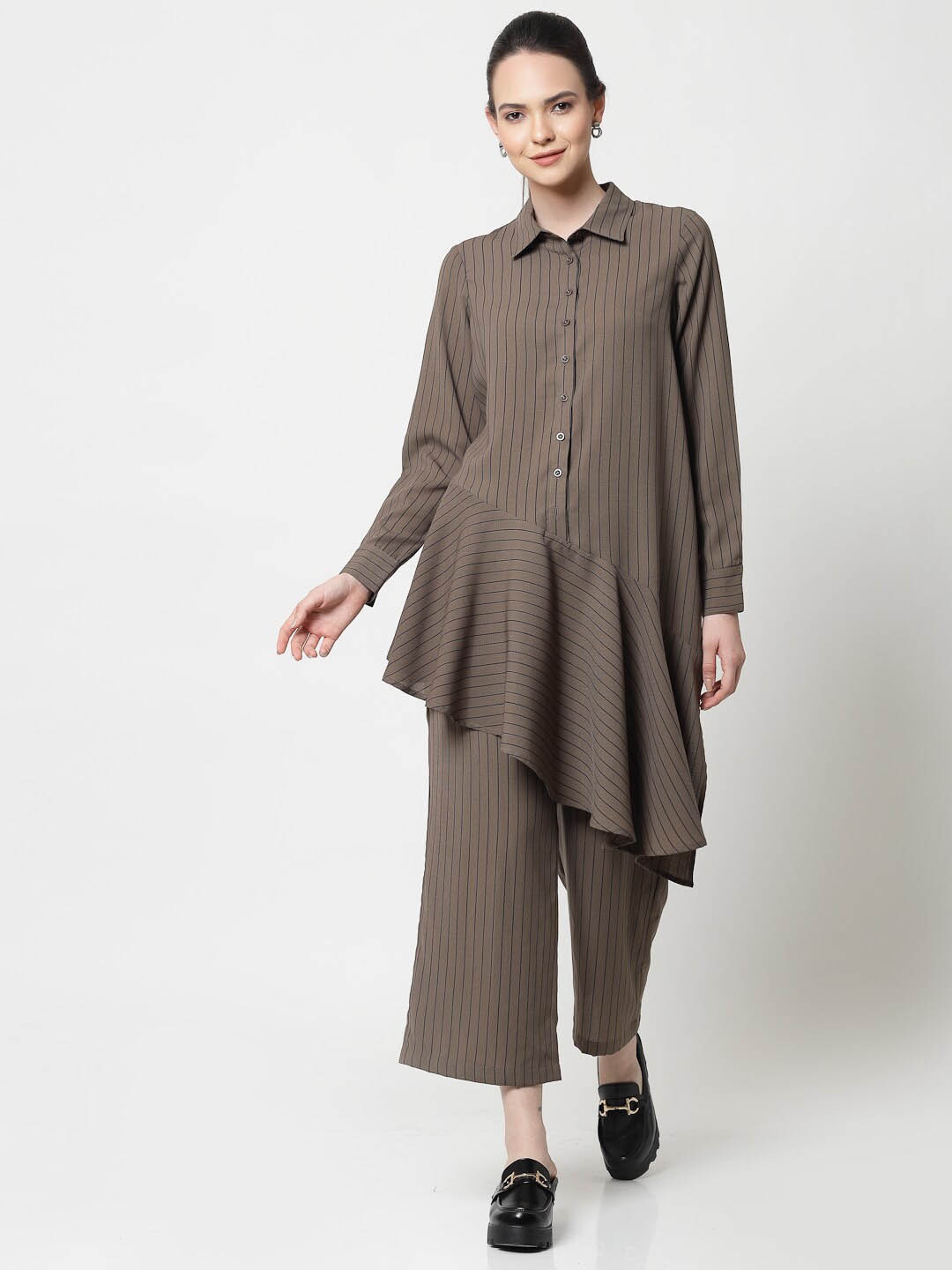 

OFFICE & YOU Striped Asymmetrical Hem Longline Oversized Cotton Casual Shirt, Taupe