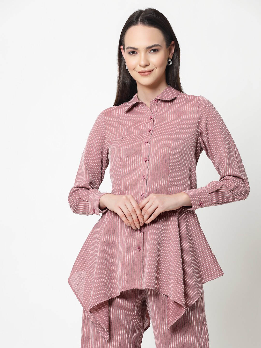 

OFFICE & YOU Vertical Striped Cuffed Sleeves Longline Asymmetrical Cotton Shirt Style Top, Pink