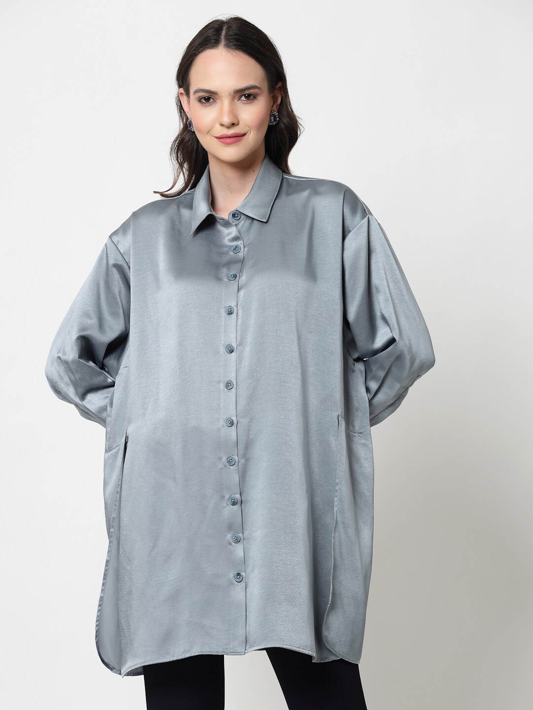 

OFFICE & YOU Women Oversized Satin Longline Shirt, Grey