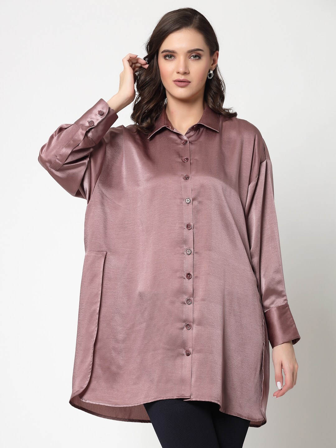 

OFFICE & YOU Spread Collar Longline Oversized Satin Shirt, Mauve