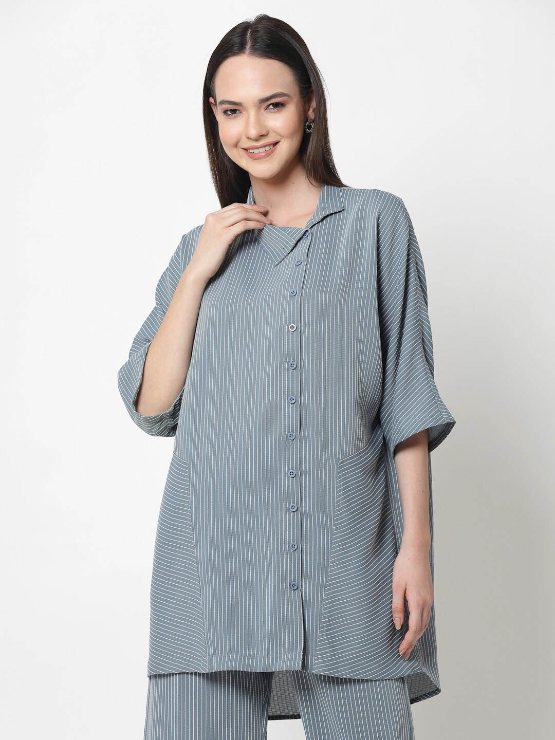 

OFFICE & YOU Women Striped Cotton Oversized Casual Shirt, Blue