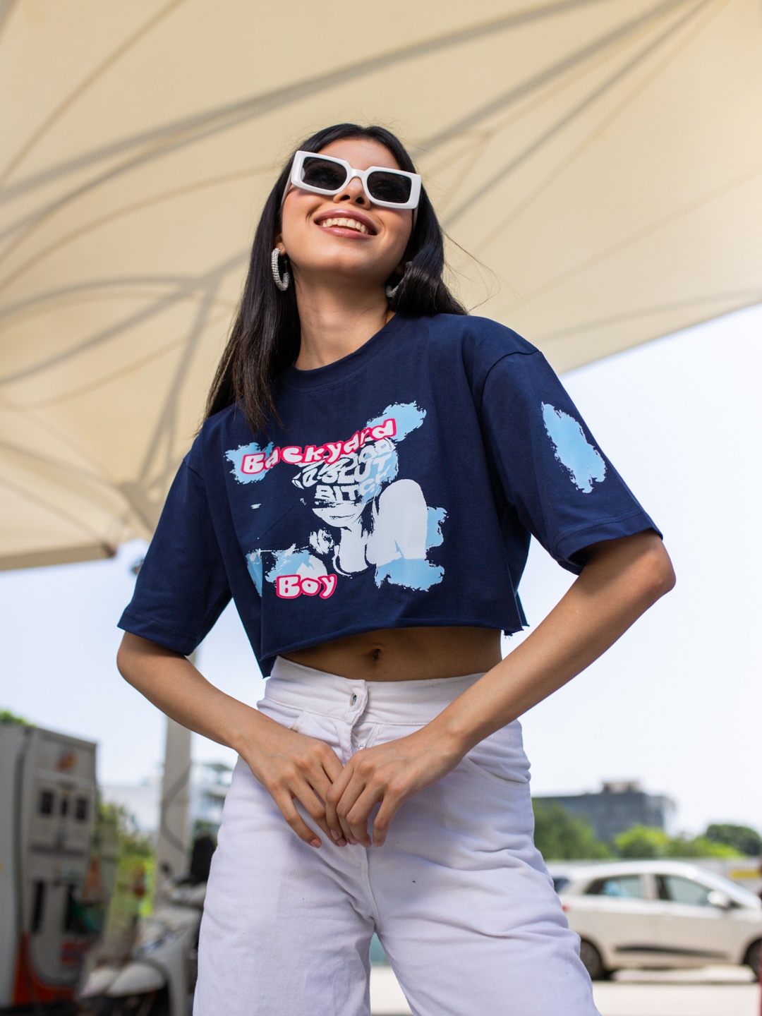 

Stylecast X Hersheinbox Women Navy Blue Printed Drop-Shoulder Sleeves Boxy T-shirt