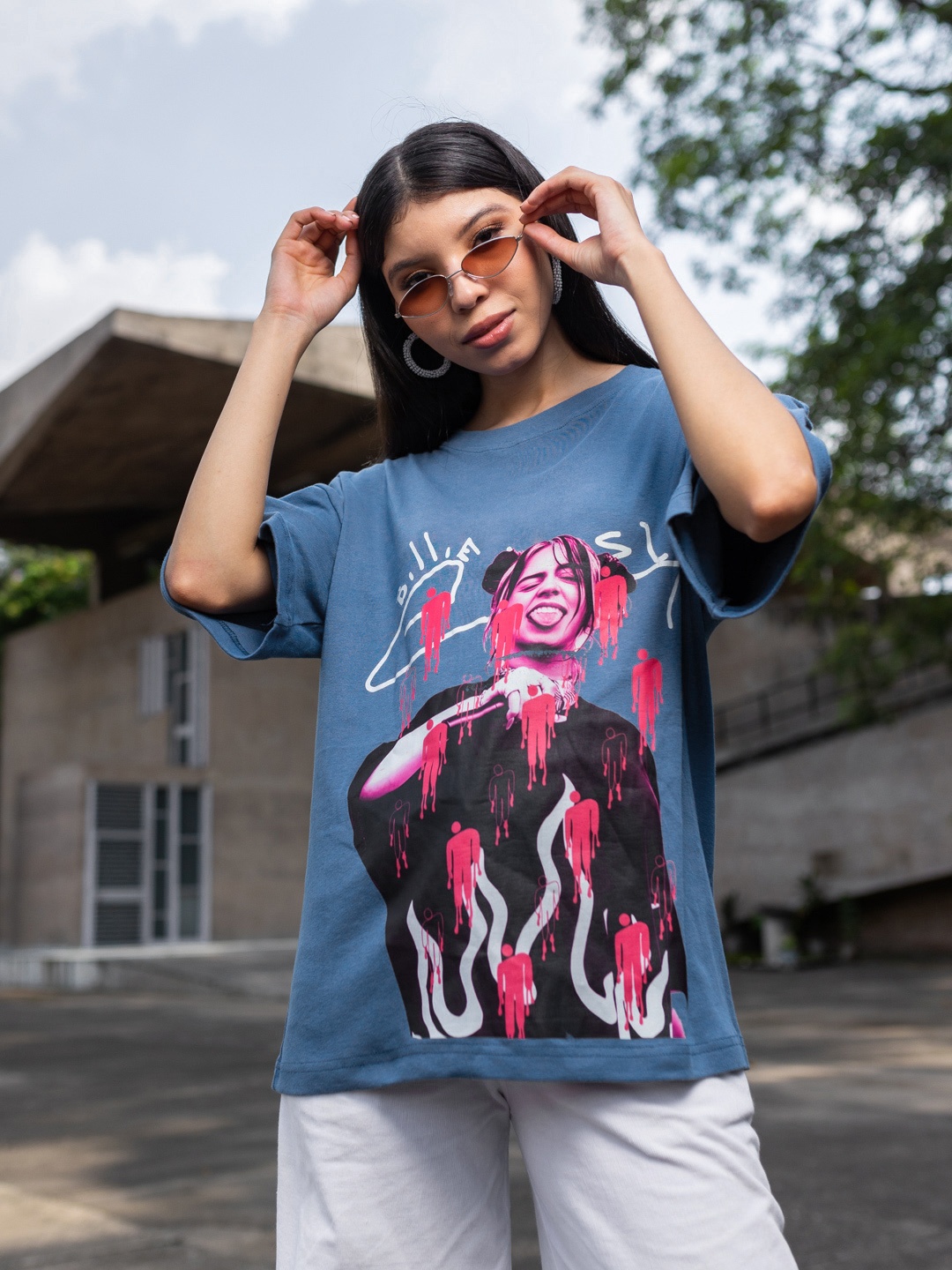 

Stylecast X Hersheinbox Printed Pure Cotton Boxy Longline T-shirt, Blue
