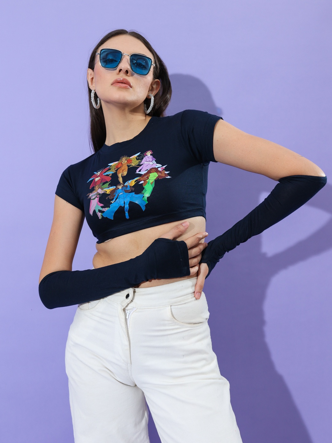 

Stylecast X Hersheinbox Graphic Printed Cotton Crop Top, Navy blue