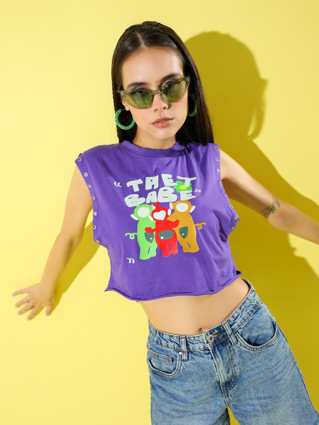 

Stylecast X Hersheinbox Graphic Printed Rivets Detailed Pure Cotton Crop T-shirt, Purple