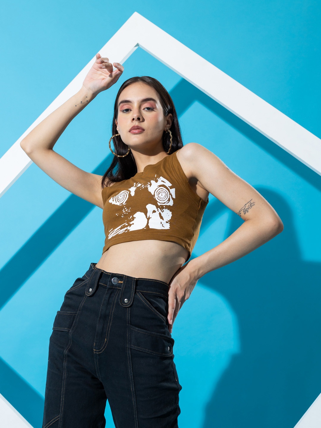 

Stylecast X Hersheinbox Printed Cotton Fitted Crop Top, Brown