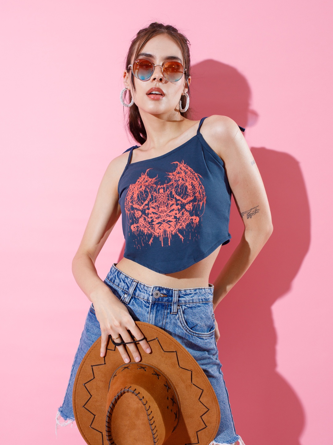 

Stylecast X Hersheinbox Printed Cotton Crop Top, Navy blue