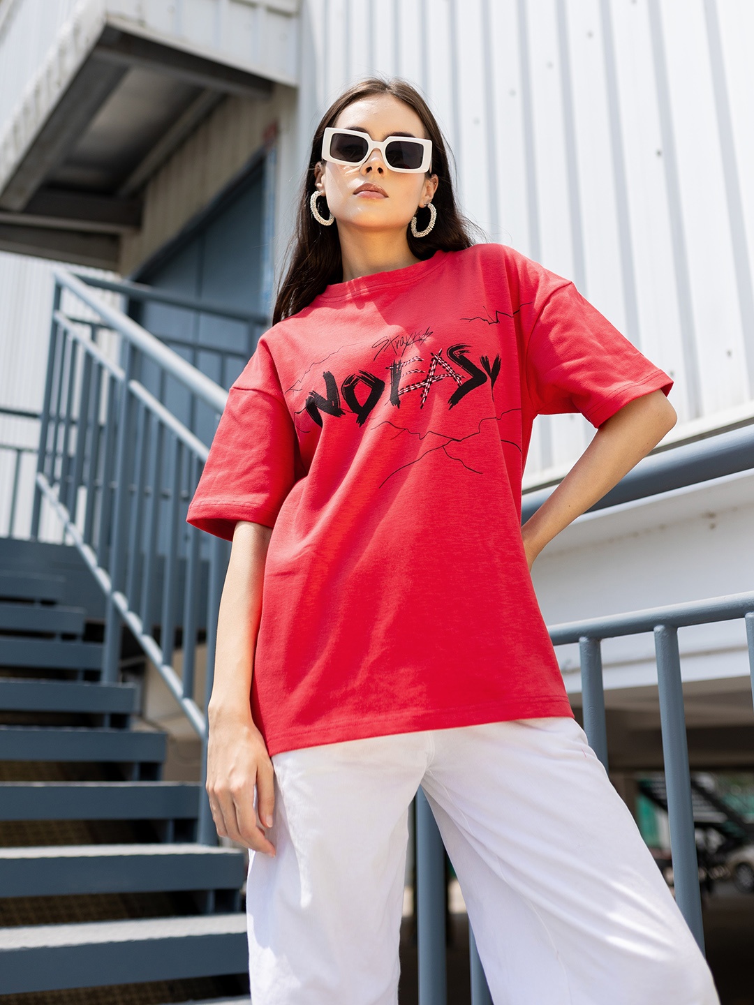 

Stylecast X Hersheinbox Typography Printed Pure Cotton Oversized T-shirt, Red