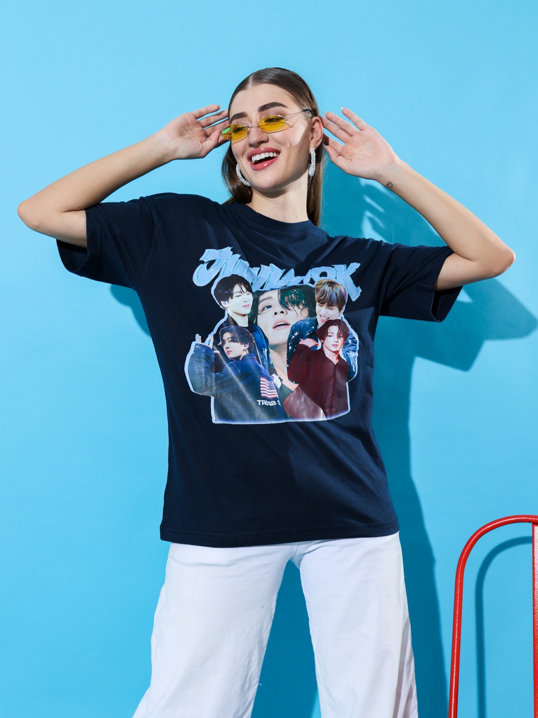 

Stylecast X Hersheinbox Printed Pure Cotton Boxy T-shirt, Navy blue