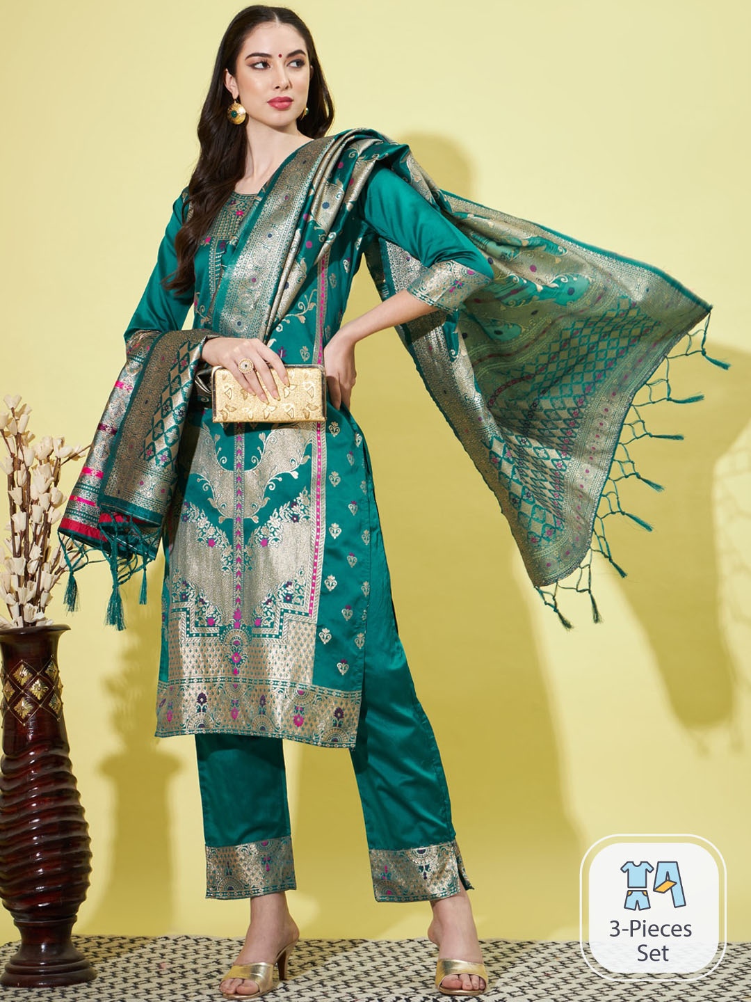 

PPTOSS Ethnic Motifs Woven Design Zari Kurta With Trousers & Dupatta, Green