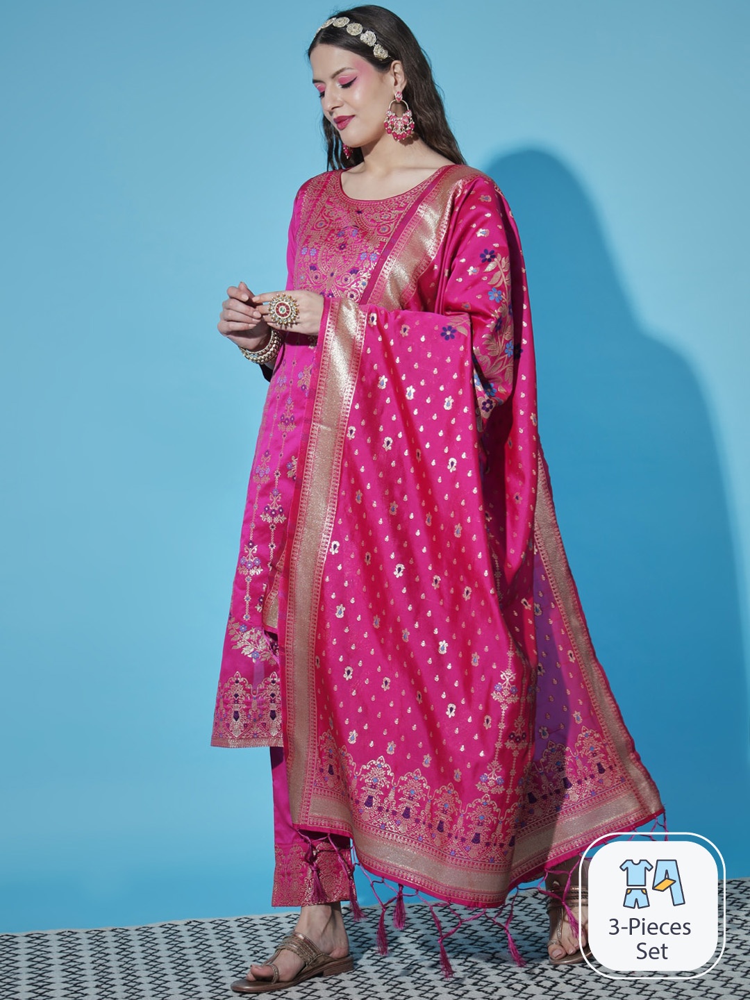 

PPTOSS Ethnic Motifs Woven Design Kurta with Trousers & With Dupatta, Pink