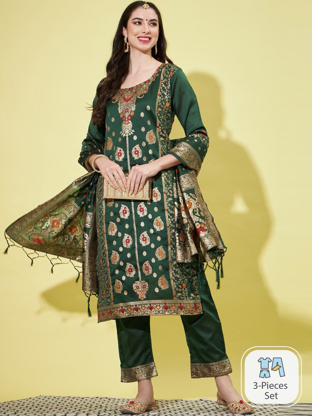

PPTOSS Ethnic Motifs Woven Design Kurta with Trousers & With Dupatta, Green