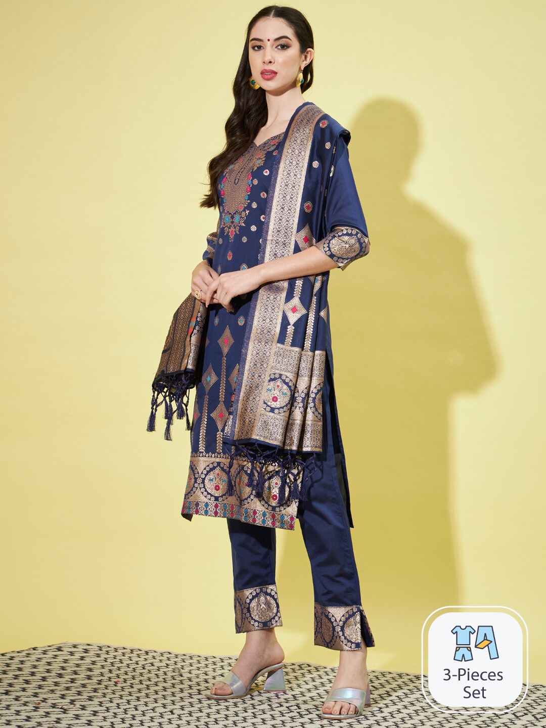 

PPTOSS Ethnic Motifs Woven Design Zari Kurta With Trousers & Dupatta, Blue
