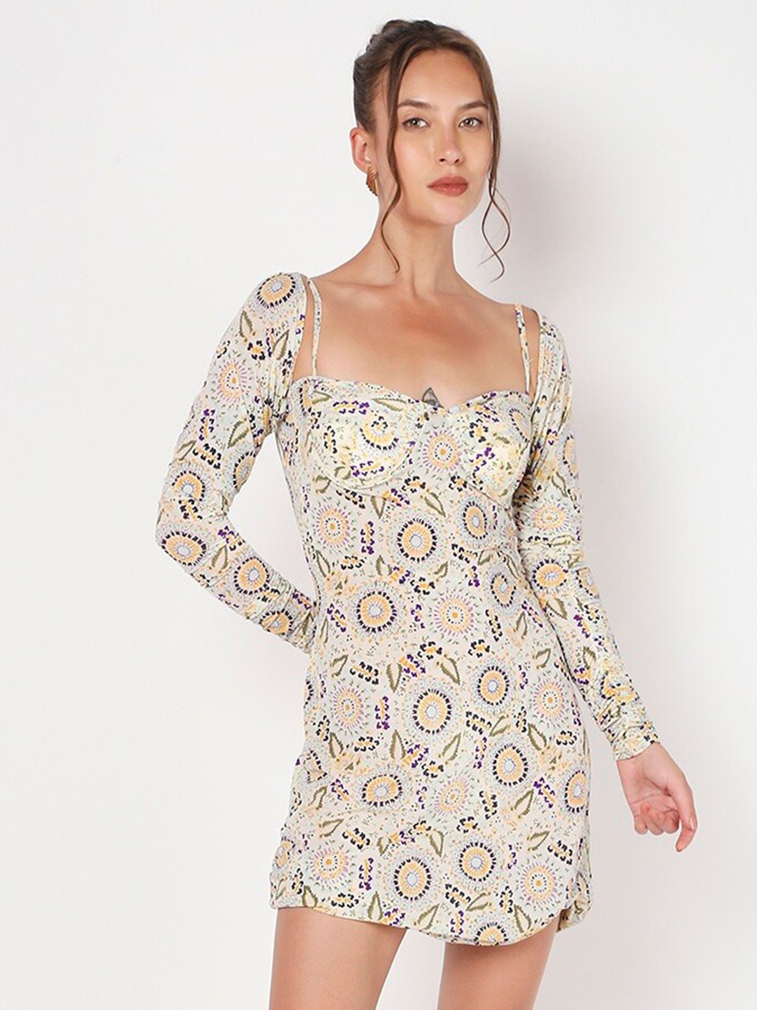 

LIYOKKI Ethnic Motifs Printed Sweetheart Neck Sheath Mini Dress, Beige
