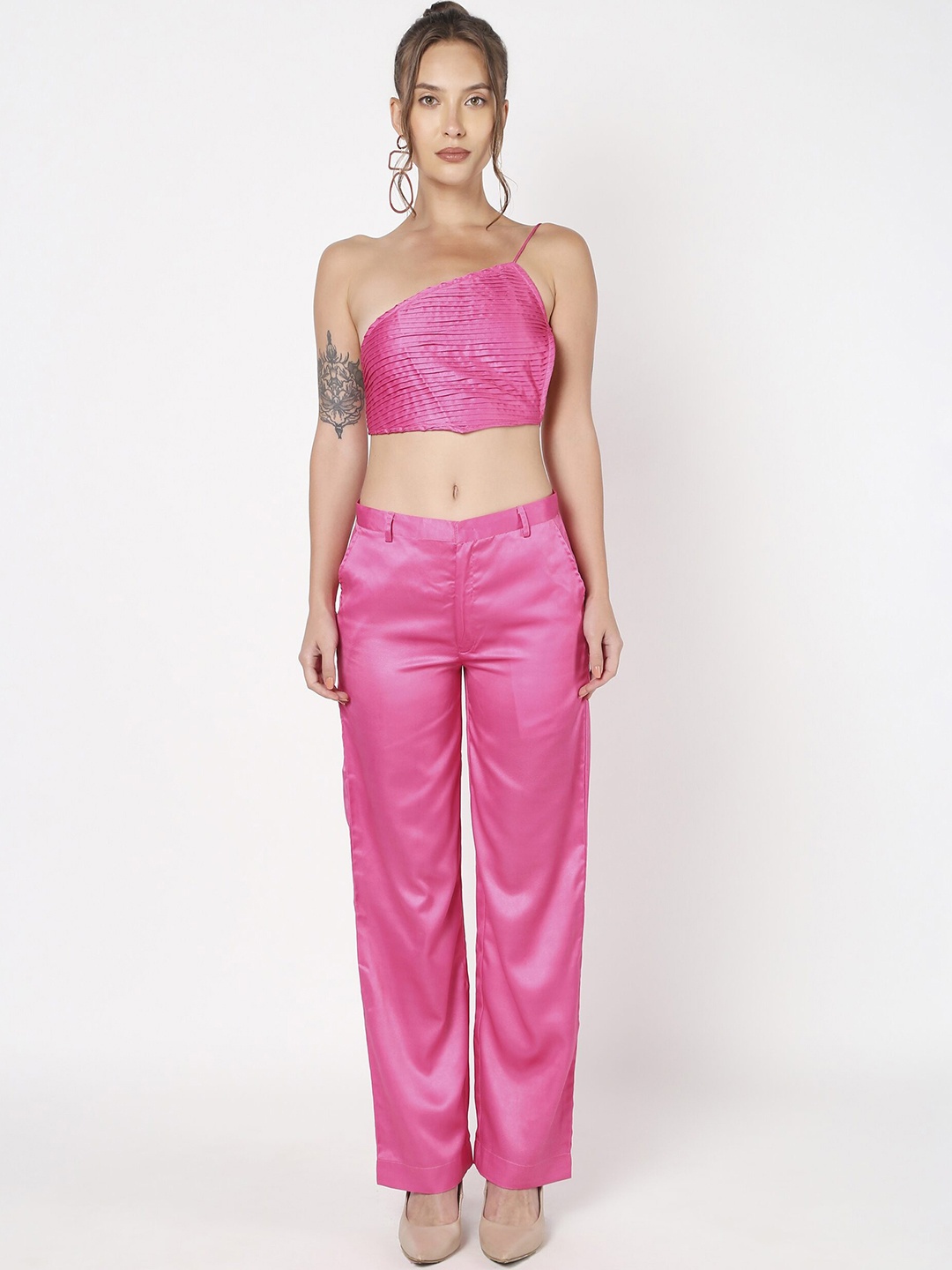 

LIYOKKI One Shoulder Pleated Satin Top With Trouser, Pink