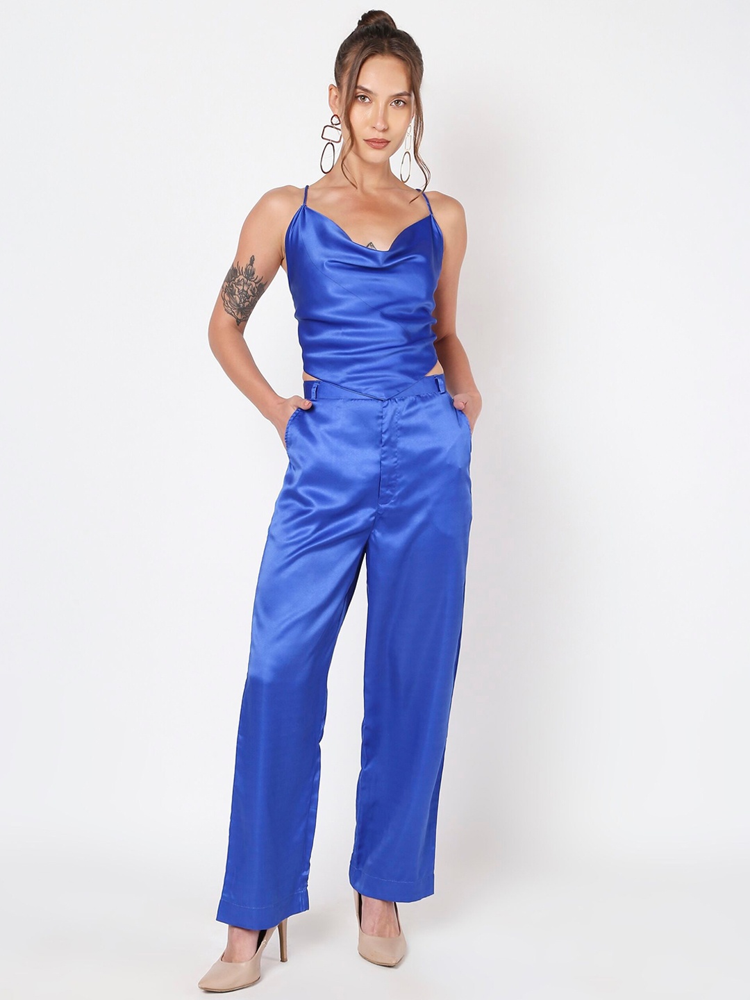 

LIYOKKI Shoulder Straps Satin Top With Trouser, Blue